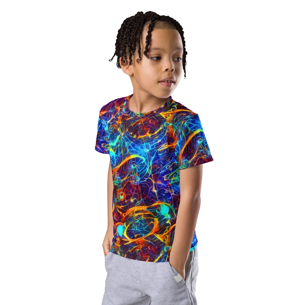Blue Fire Matrix on Kids Crew Neck T-Shirt — Left Front