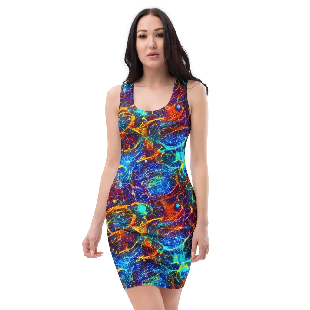 Blue Fire Matrix on Bodycon Dress — Front