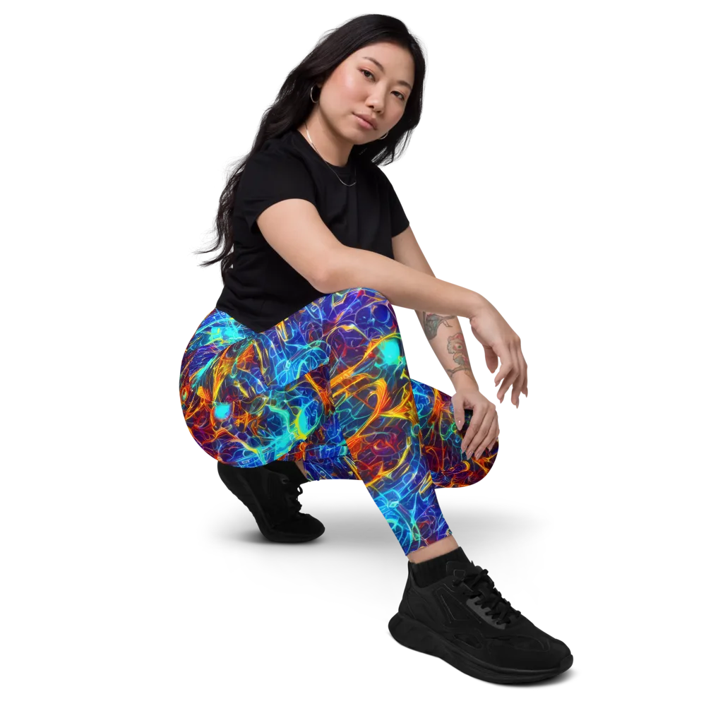 Blue Fire Matrix on Leggings with Pockets — Right Front