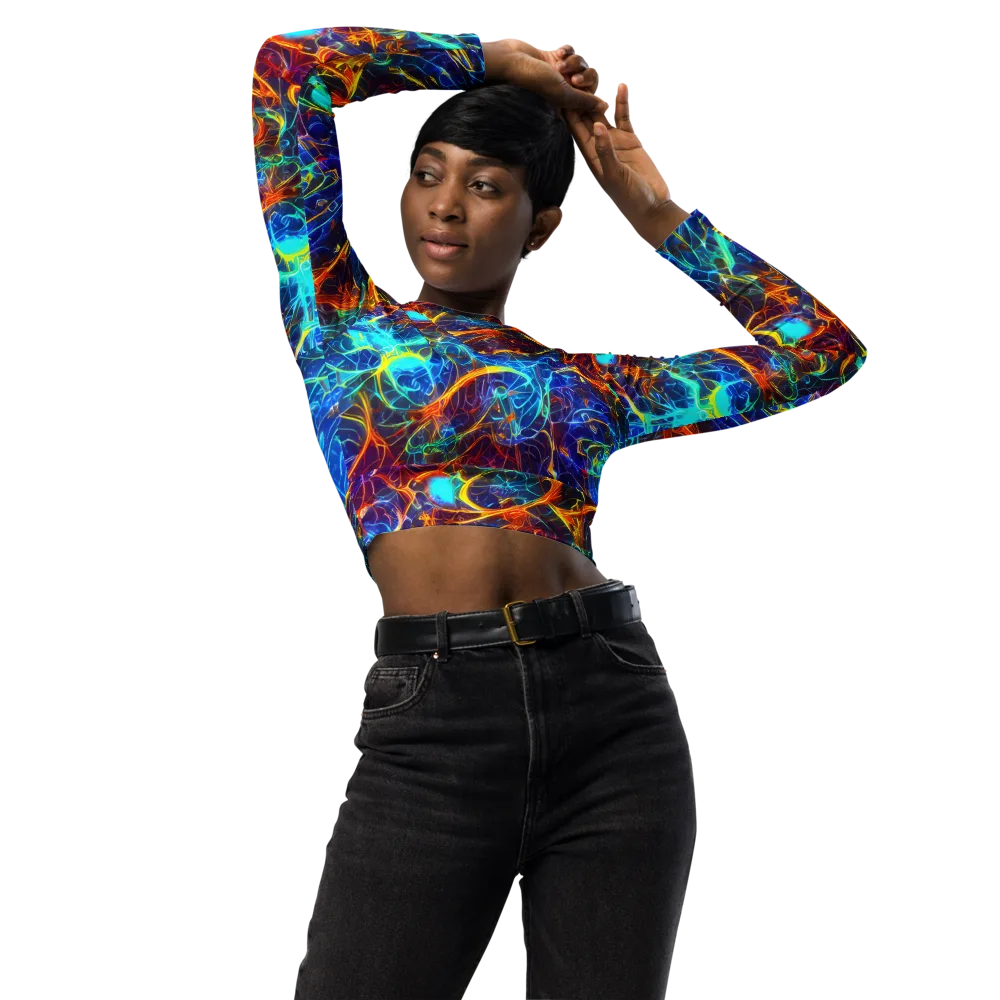 Blue Fire Matrix on Long Sleeve Crop Top — Front