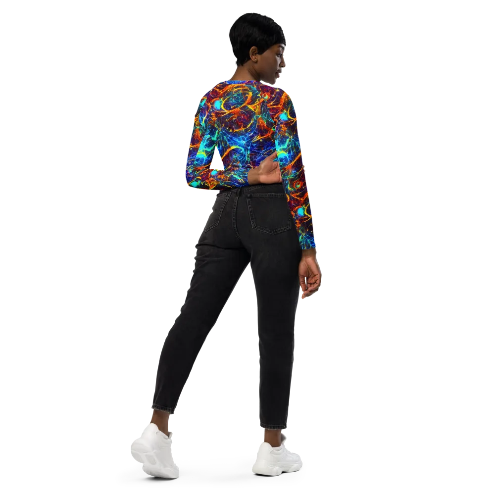 Blue Fire Matrix on Long Sleeve Crop Top — Right Back