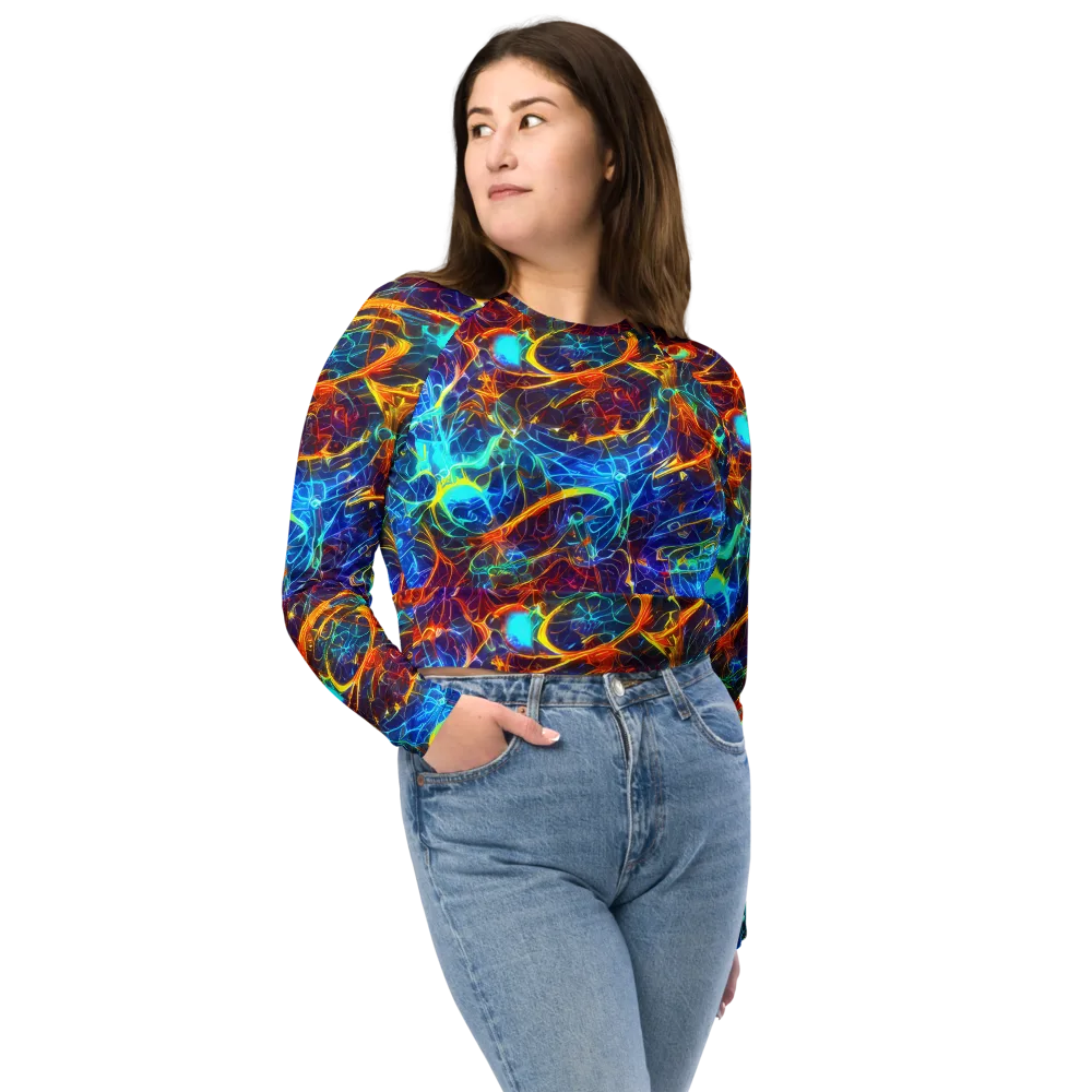 Blue Fire Matrix on Long Sleeve Crop Top — Front