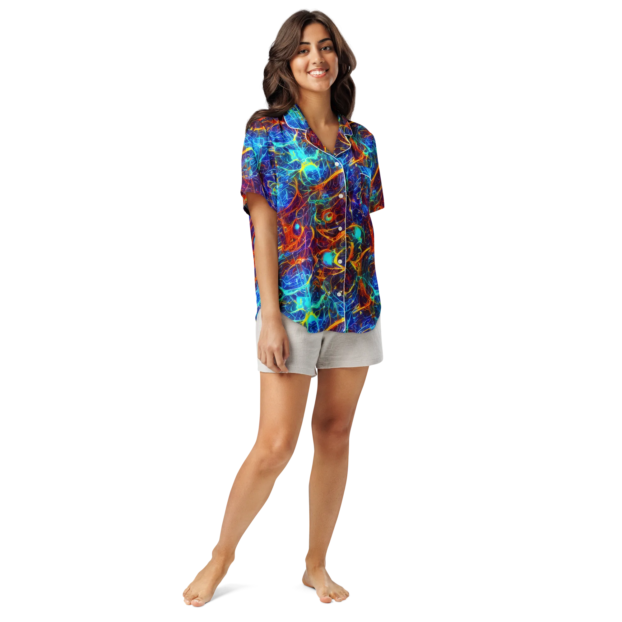 Blue Fire Matrix on Women's Short Sleeve Pajama Top — Front