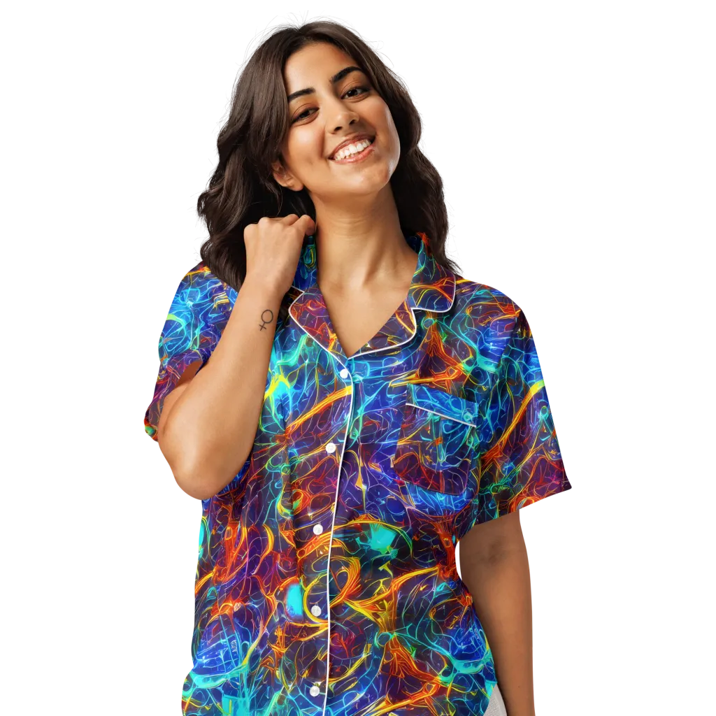 Blue Fire Matrix on Women's Short Sleeve Pajama Top — Front