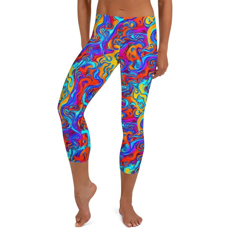 Cobalt Coral Maze on Capri Leggings — Front