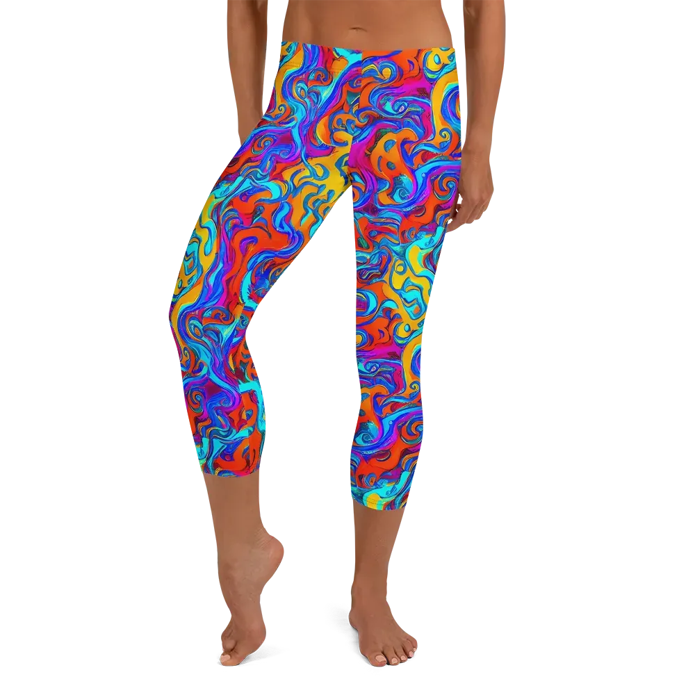 Cobalt Coral Maze on Capri Leggings — Front