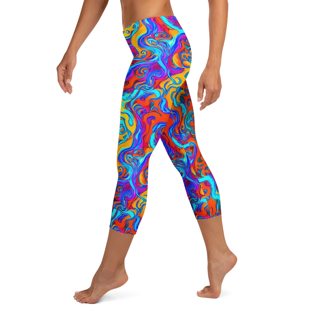 Cobalt Coral Maze on Capri Leggings — Left