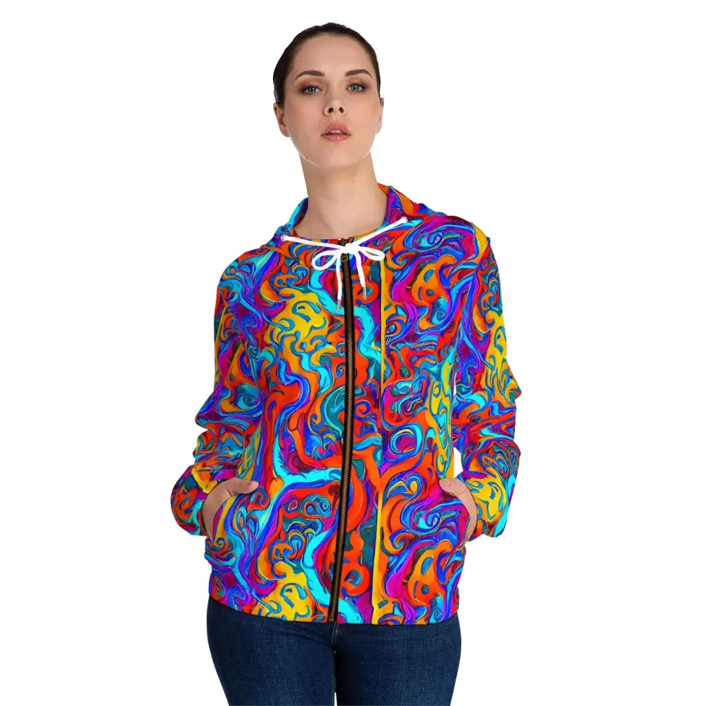 Cobalt Coral Maze on Women's Full-Zip Hoodie — Front On Person