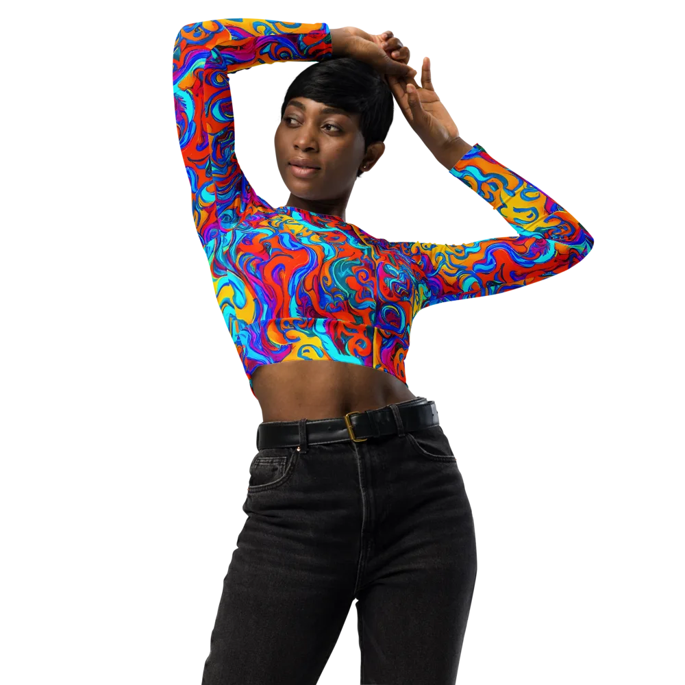 Cobalt Coral Maze on Long Sleeve Crop Top — Front