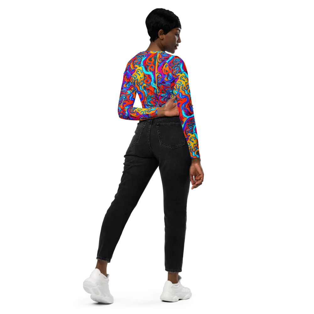 Cobalt Coral Maze on Long Sleeve Crop Top — Right Back