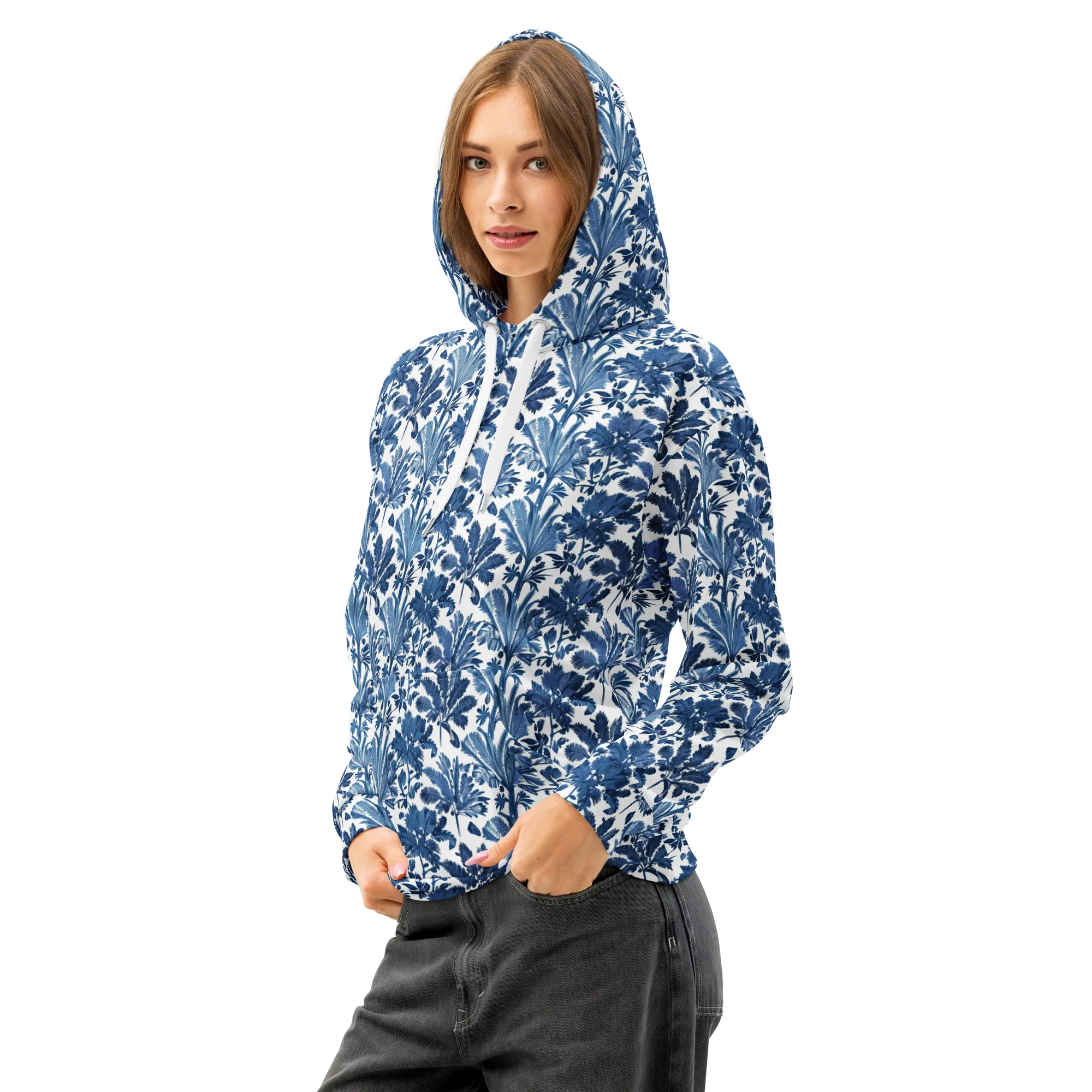Cobalt Garden on Cotton Hoodie — Left Front