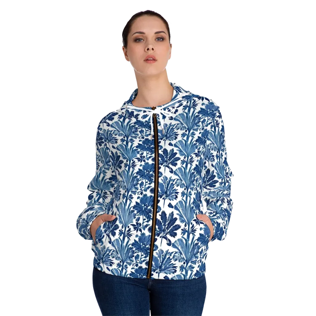 Cobalt Garden on Women's Full-Zip Hoodie — Front On Person
