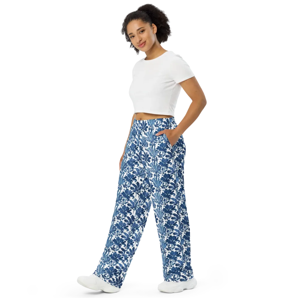 Cobalt Garden on Wide-Leg Pants — Left Front