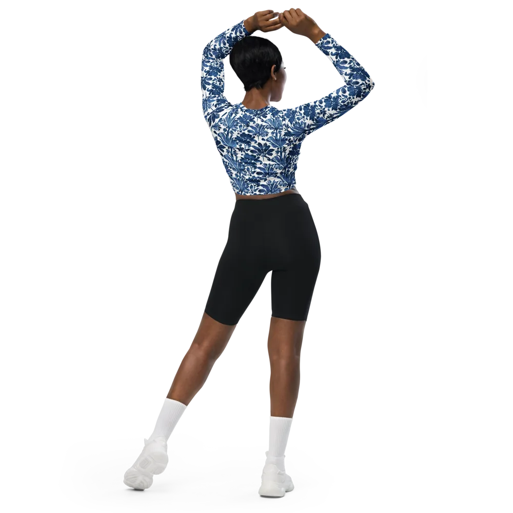 Cobalt Garden on Long Sleeve Crop Top — Back