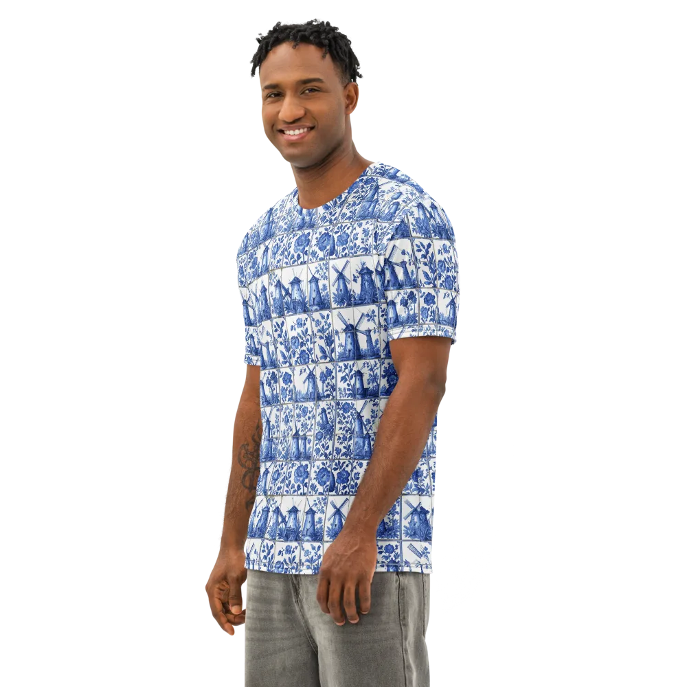 Cobalt Windmill on Men's Cotton Crew Neck T-Shirt — Left Front