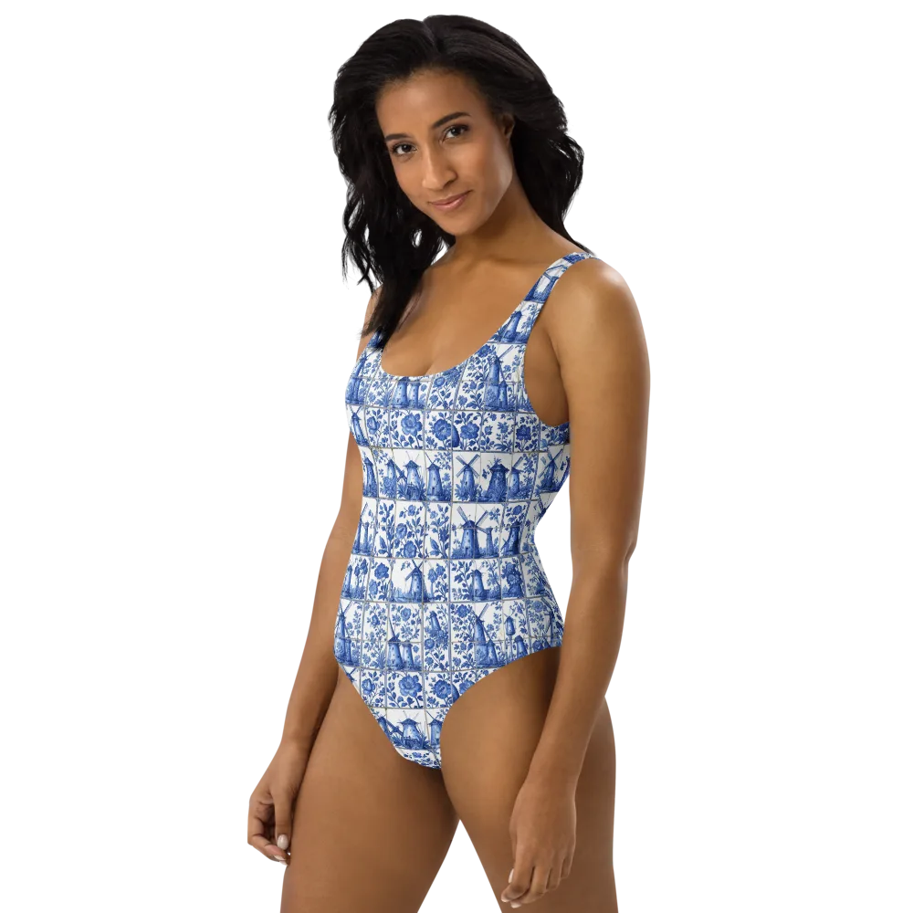 Cobalt Windmill on One-Piece Swimsuit — Left