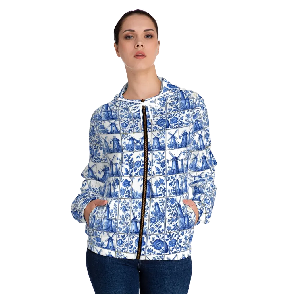 Cobalt Windmill on Women's Full-Zip Hoodie — Front On Person
