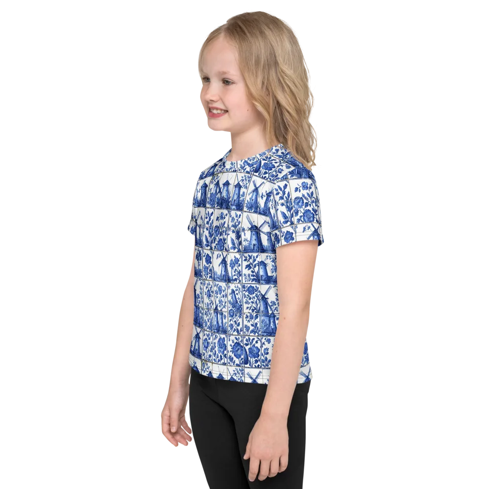 Cobalt Windmill on Kids Crew Neck T-Shirt — Left