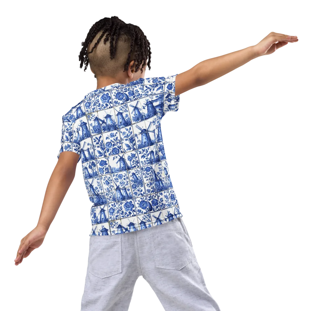 Cobalt Windmill on Kids Crew Neck T-Shirt — Back