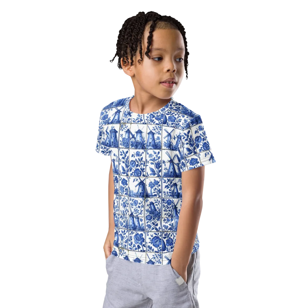 Cobalt Windmill on Kids Crew Neck T-Shirt — Left Front