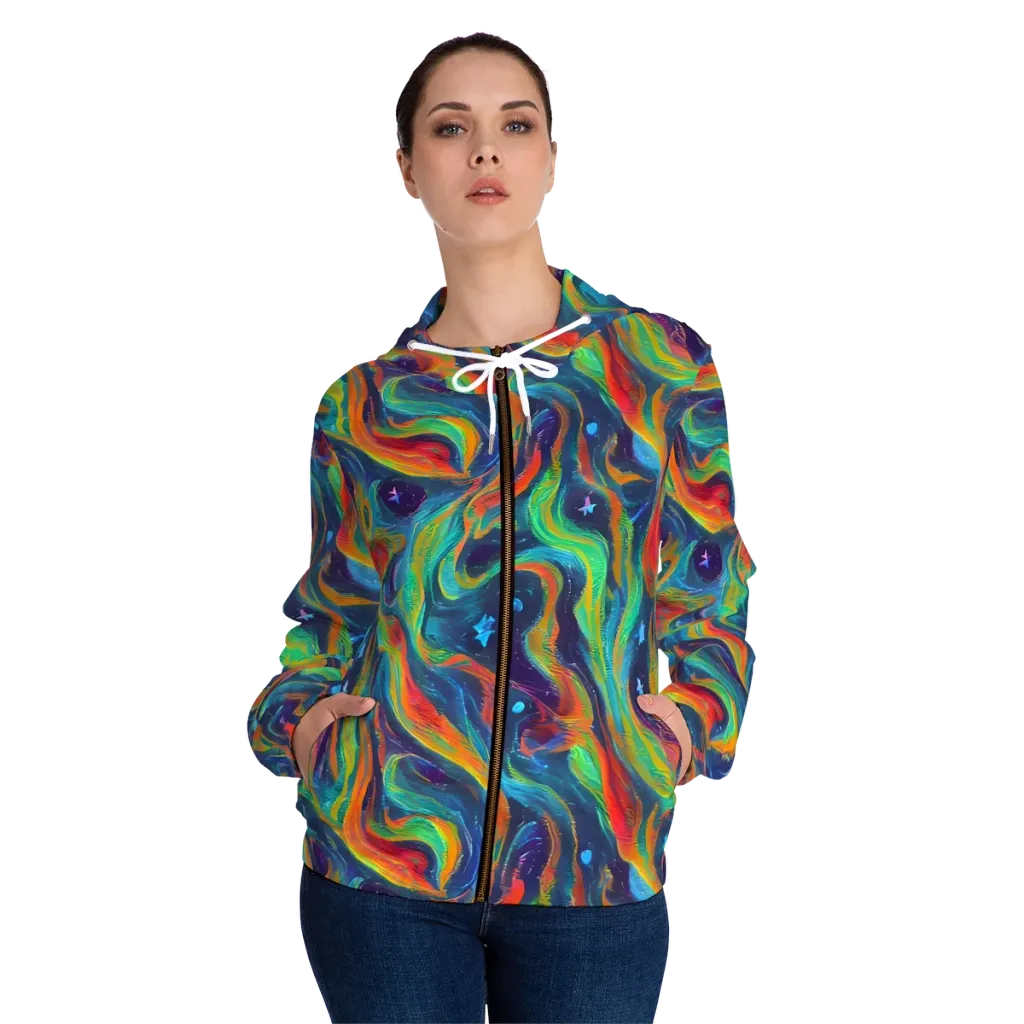 Firewater Swirl on Women's Full-Zip Hoodie — Front On Person