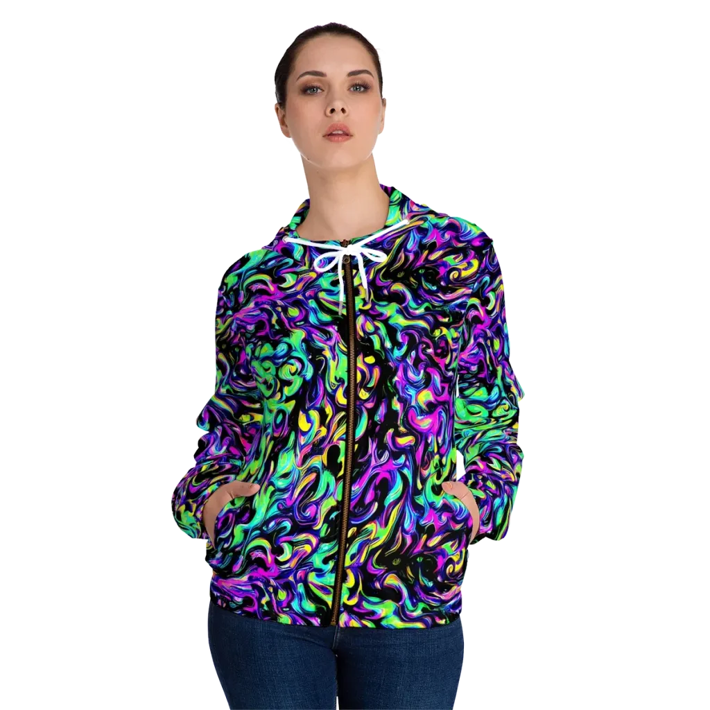 Cyber Swirl on Women's Full-Zip Hoodie — Front On Person