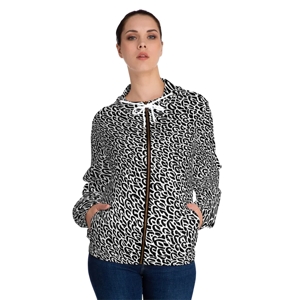 Noir Ribbons on Women's Full-Zip Hoodie — Front On Person