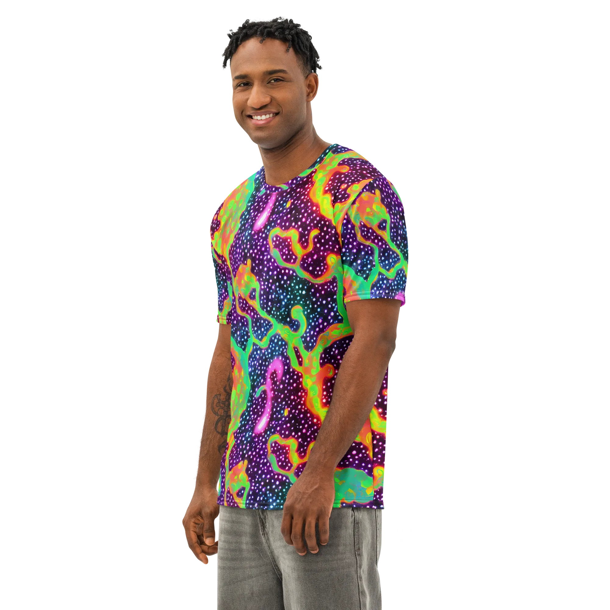 Luminous Lava on Men's Cotton Crew Neck T-Shirt — Left Front