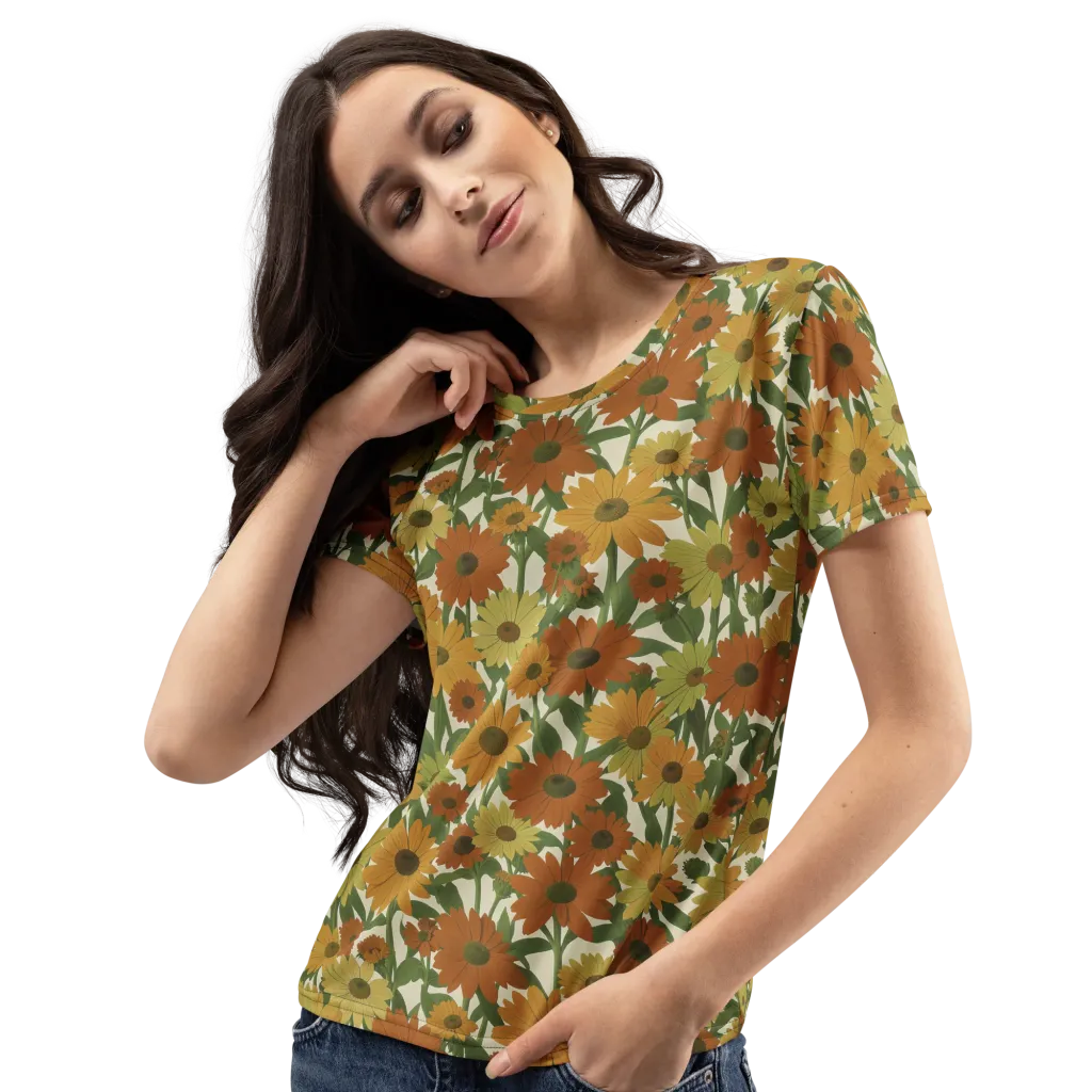Autumn Sunflower Symphony on Women's Crew Neck T-Shirt — Left Front