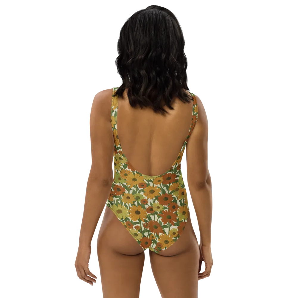 Autumn Sunflower Symphony on One-Piece Swimsuit — Back