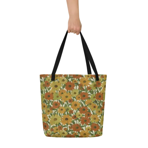 Autumn Sunflower Symphony on a Large Tote Bag W/ Pocket