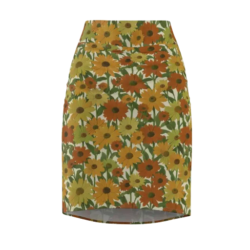 Autumn Sunflower Symphony on a Pencil Skirt