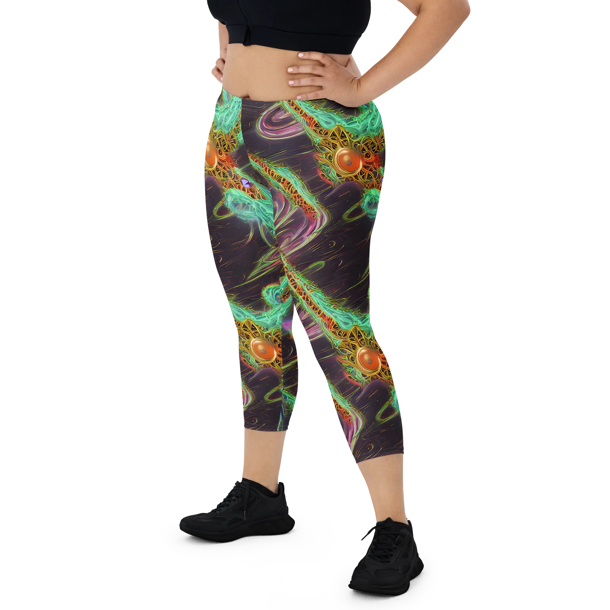 Turquoise Vortex on Capri Leggings — Front