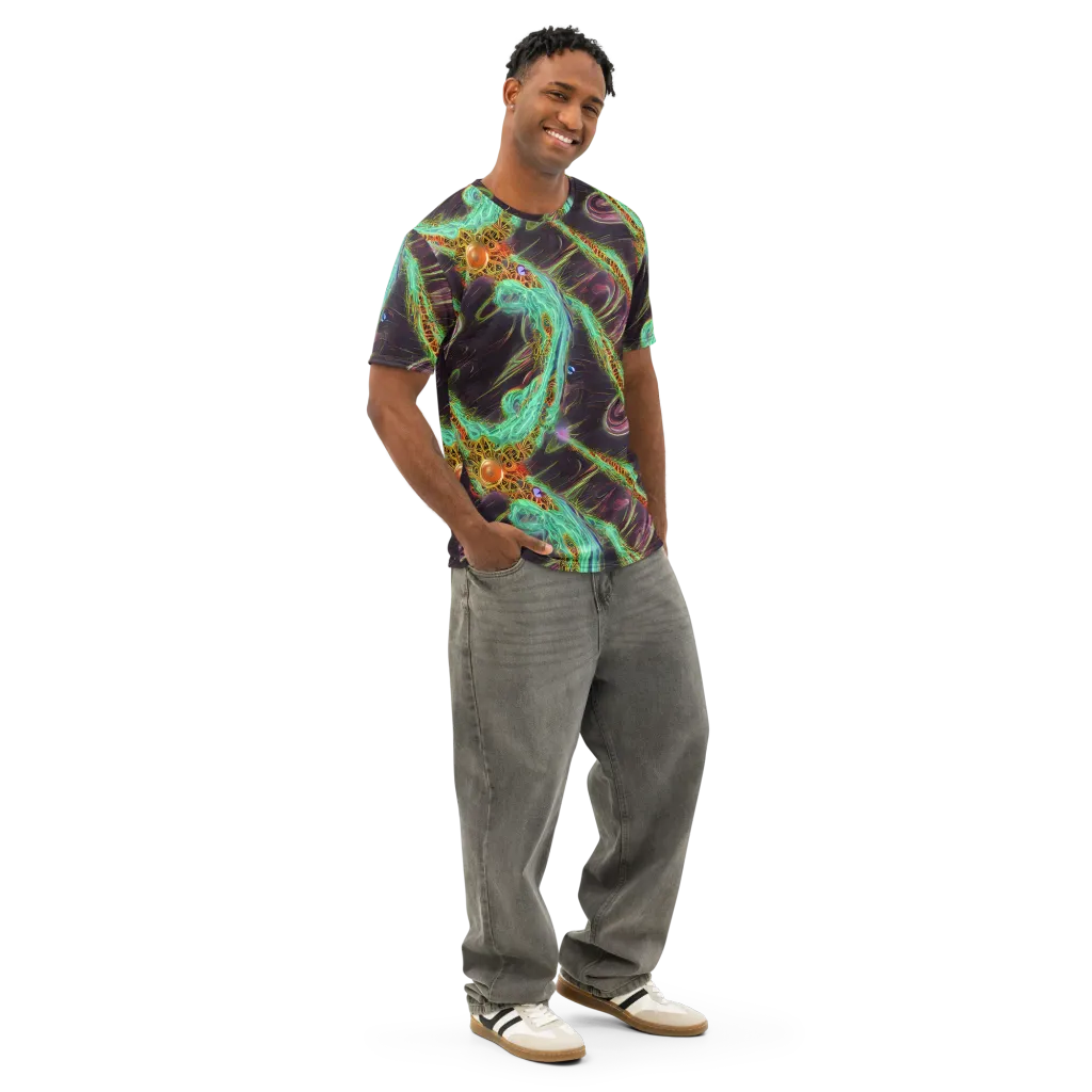 Turquoise Vortex on Men's Cotton Crew Neck T-Shirt — Right Front