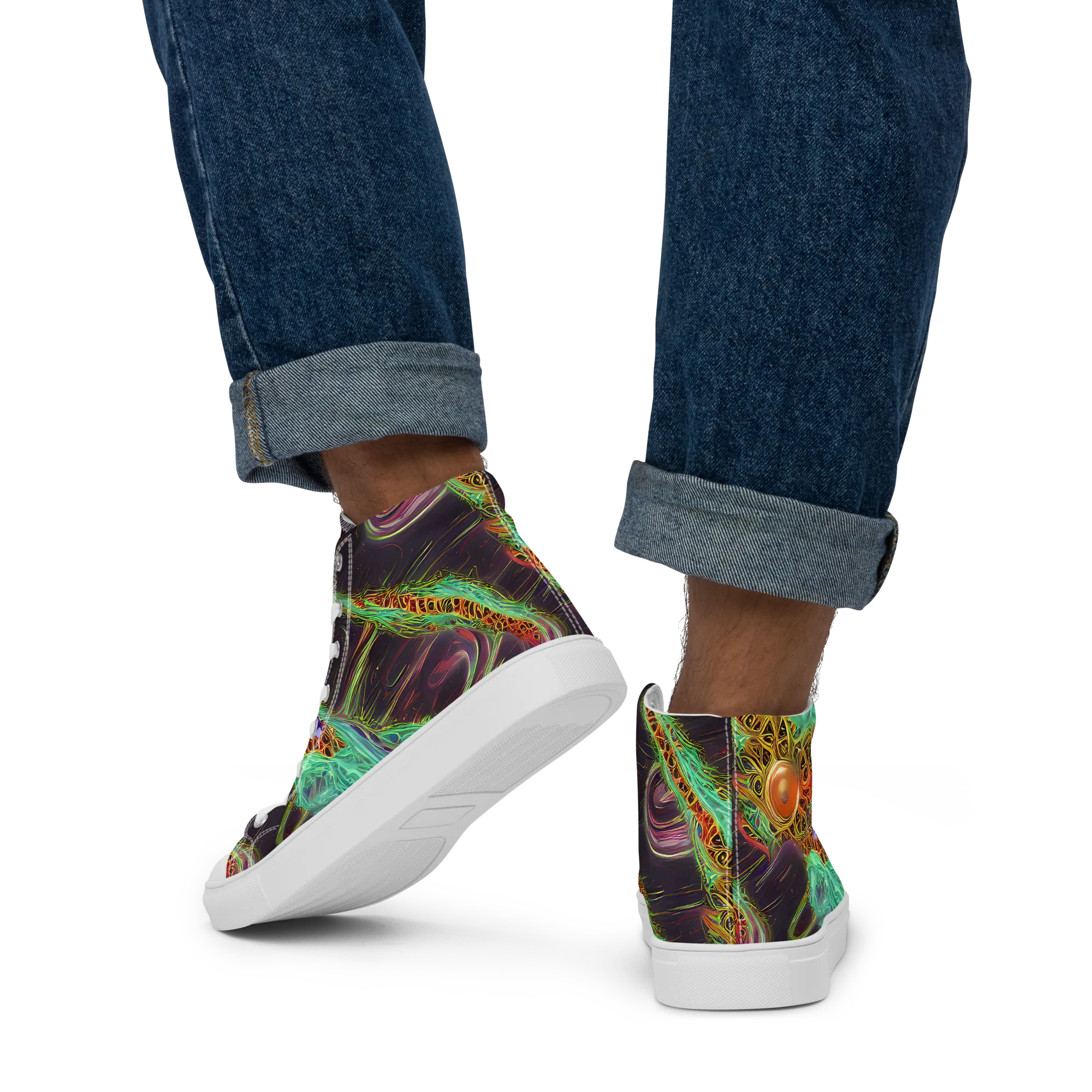 Turquoise Vortex on Men's High Top Canvas Shoes — Back
