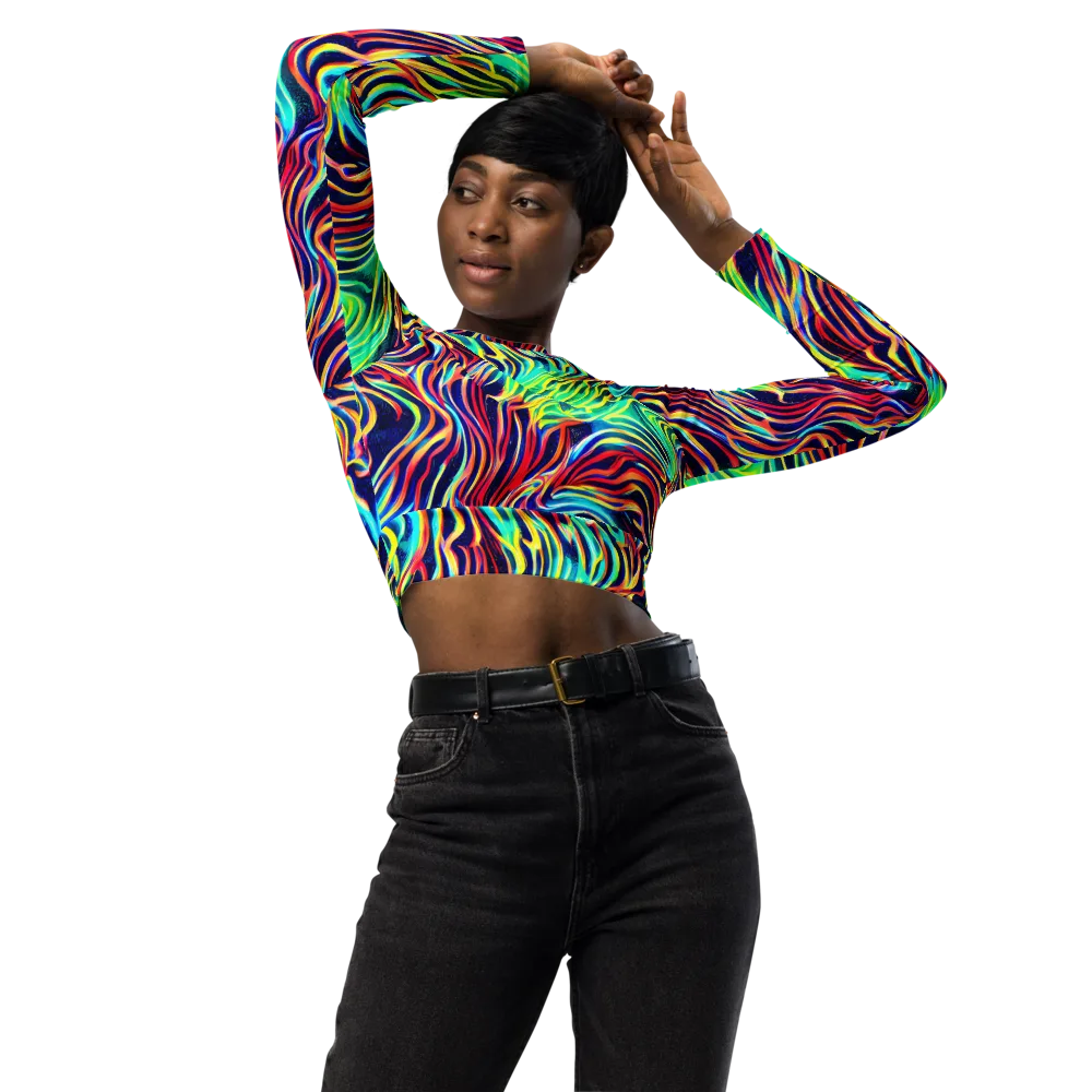 Cobalt Ribbon Reef on Long Sleeve Crop Top — Front