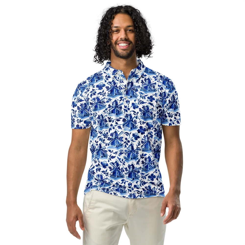 Blue Delft Garden on Men's Slim Fit Polo Shirt — Front