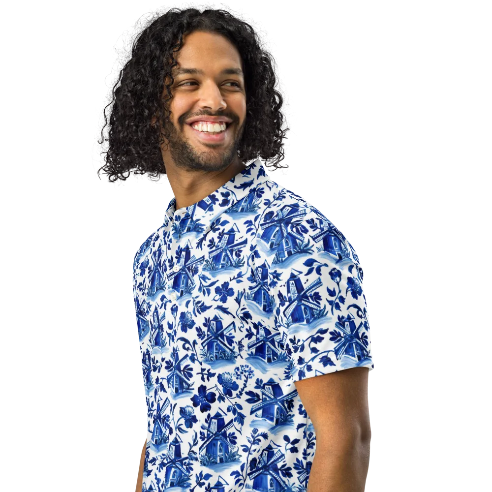 Blue Delft Garden on Men's Slim Fit Polo Shirt — Left Front