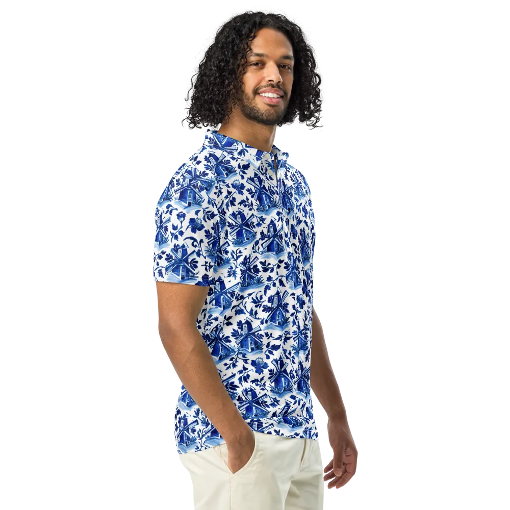 Blue Delft Garden on Men's Slim Fit Polo Shirt — Right Front