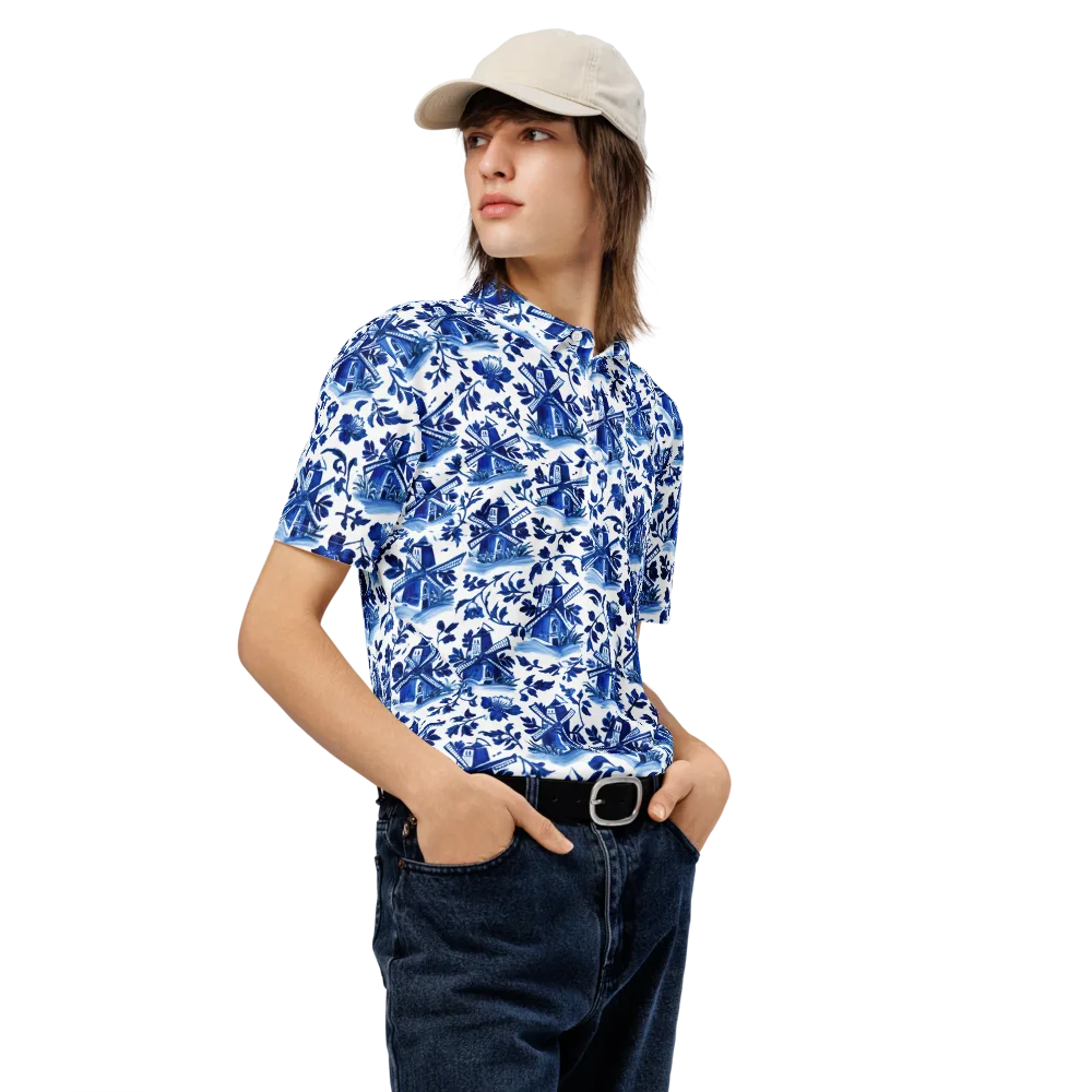 Blue Delft Garden on Men's Slim Fit Polo Shirt — Right Front