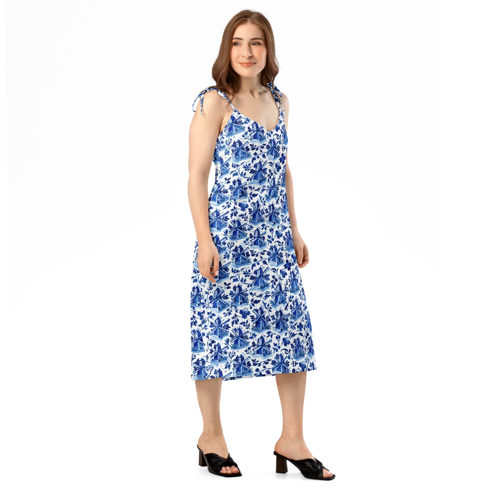 Blue Delft Garden on Slip Dress — Right Front