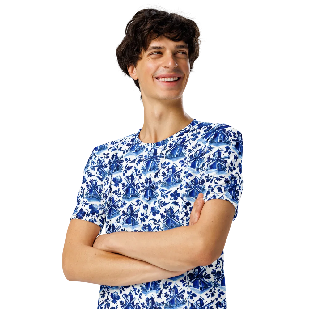 Blue Delft Garden on Men's Crew Neck T-Shirt — Left Front