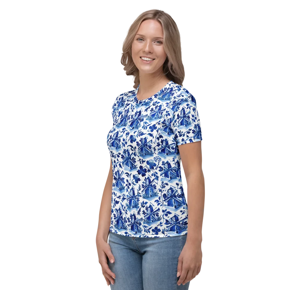 Blue Delft Garden on Women's Crew Neck T-Shirt — Left