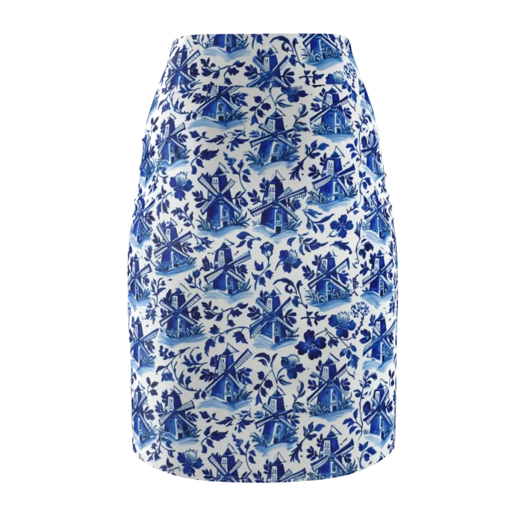 Blue Delft Garden on Pencil Skirt — Back