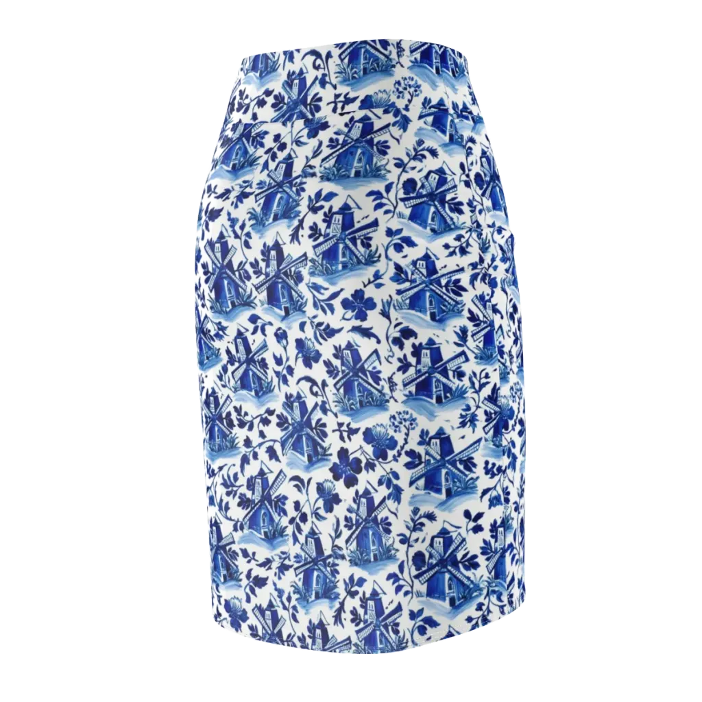Blue Delft Garden on Pencil Skirt — Back Side