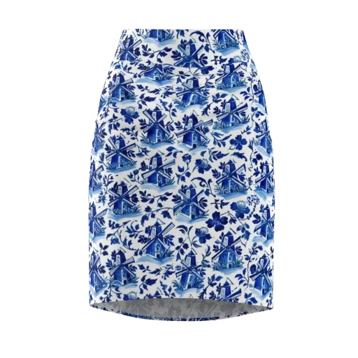 Blue Delft Garden on a Pencil Skirt