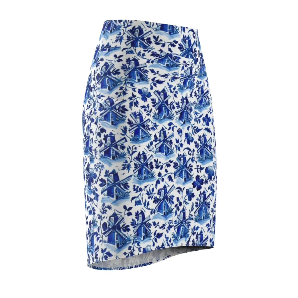 Blue Delft Garden on Pencil Skirt — Front Side