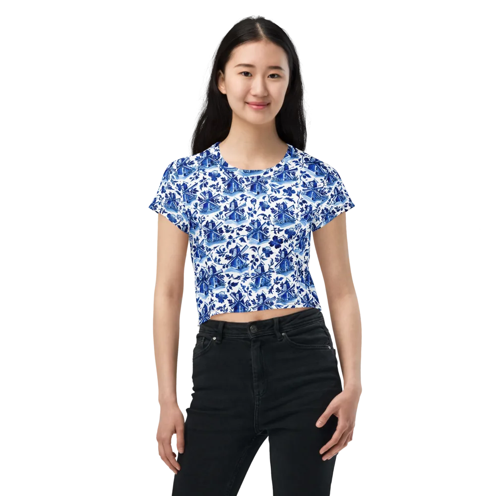 Blue Delft Garden on Crop Tee — Front