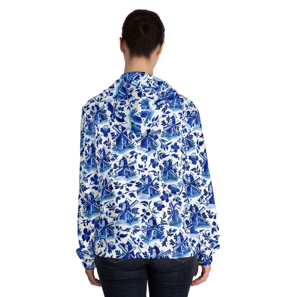 Blue Delft Garden on Women's Full-Zip Hoodie — Back On Person