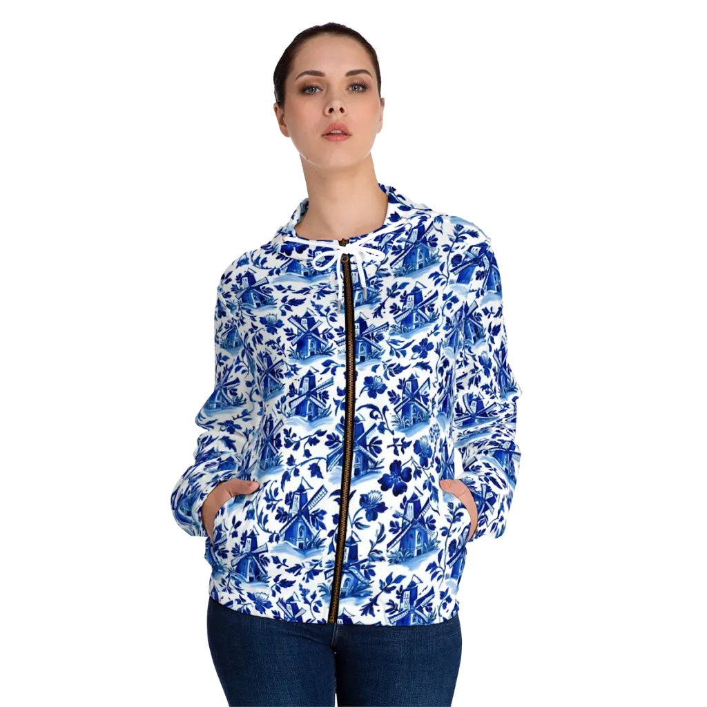 Blue Delft Garden on Women's Full-Zip Hoodie — Front On Person